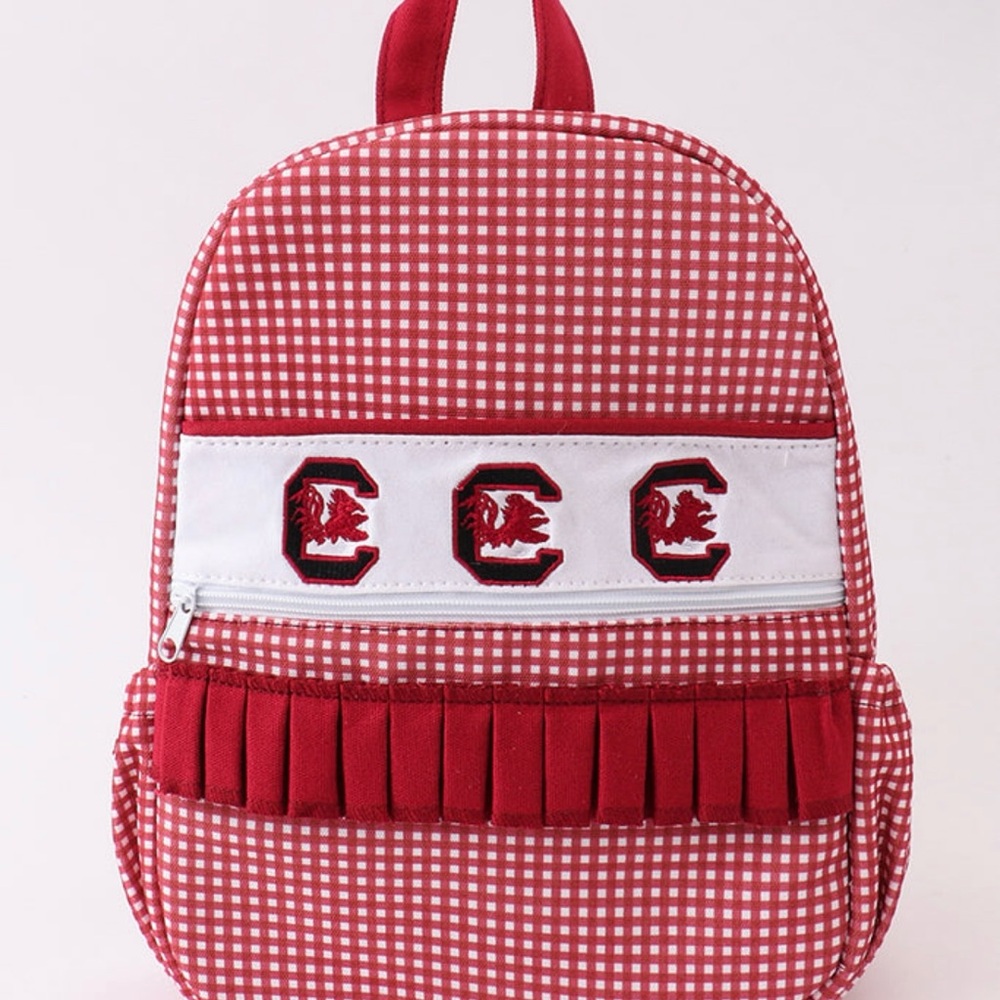 Red and White Gingham Backpack with Decorative Band